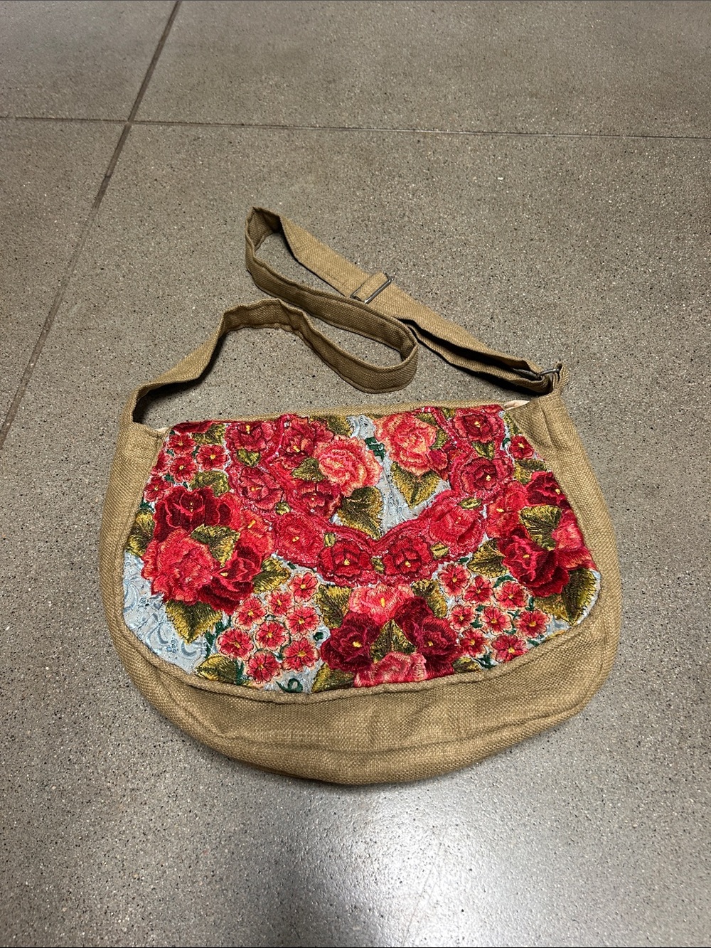 Floral Embroidered Canvas Crossbody Bag in Red